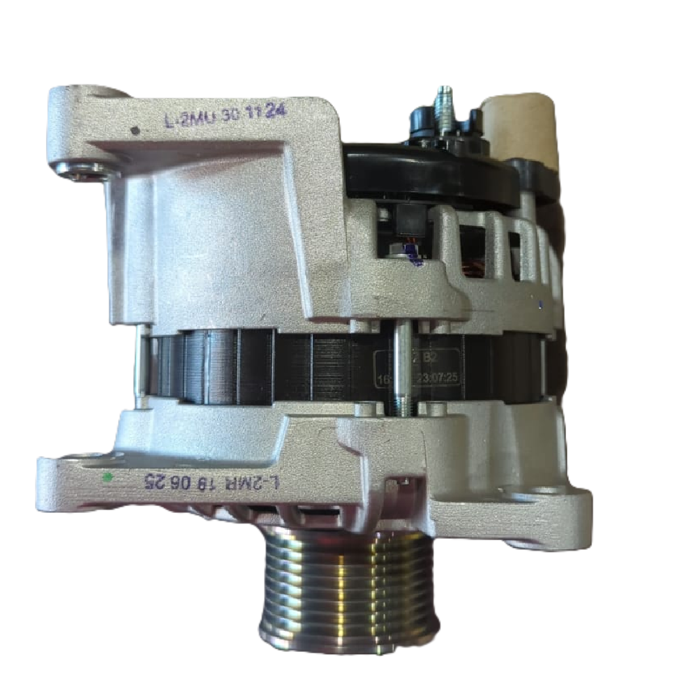 JCB 320/08999 Alternator C3-105A 14V – Side view with connectors and casing, Made in India.